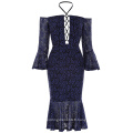 Kate Kasin Sexy Womens Off the shoulder Dentelle Hips-Wrapped Mermaid Navy Blue Bodycon Crayon Crayon KK001050-1
